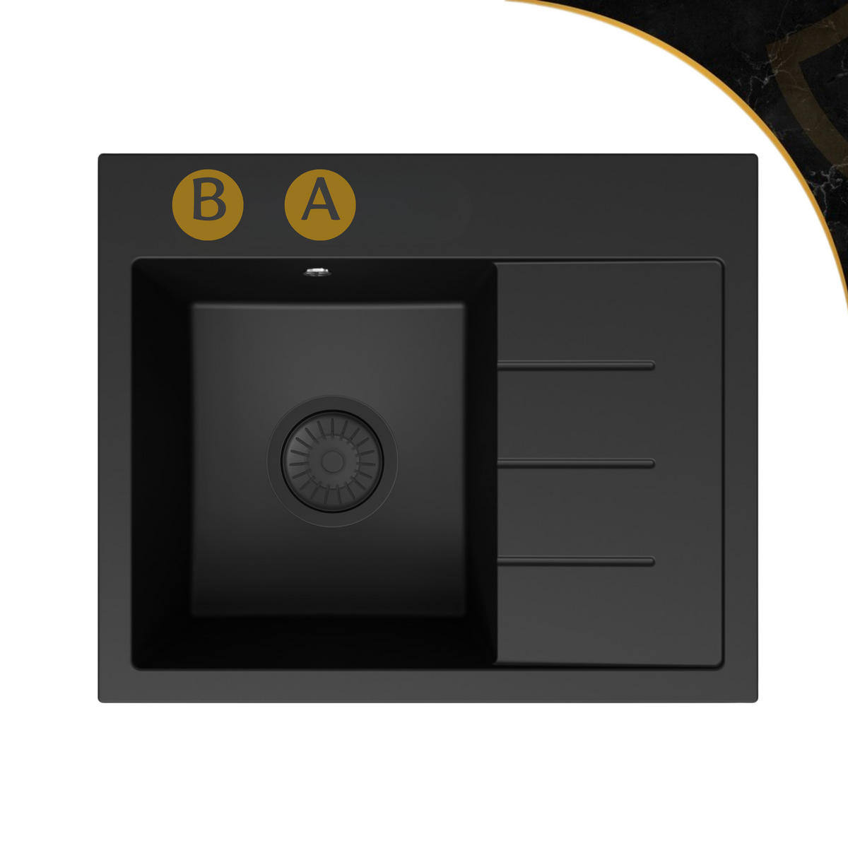 SPÜLBECKEN Amber Schwarz 5-tlg. 60/50 cm mit Abtropffläche - Schwarz, Stein (50/29/50cm) - Granitan