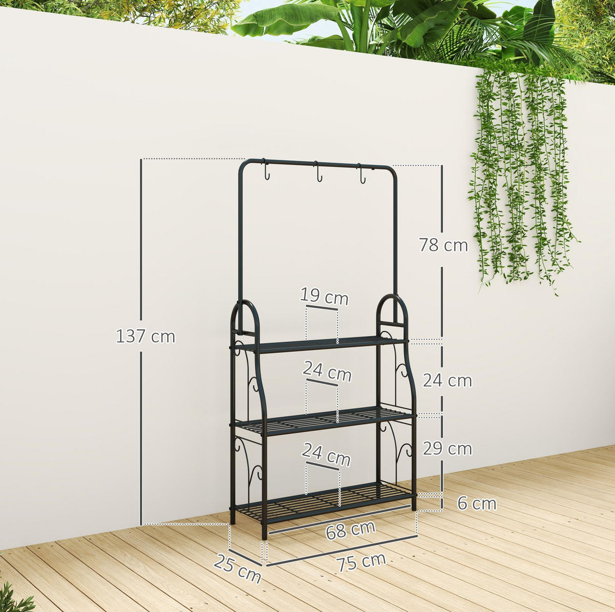 GARTENREGAL aus Metall 75x25x137 cm in Schwarz mit Hängestange & 3 Haken - Schwarz, Metall (25/137/75cm) - Modfu