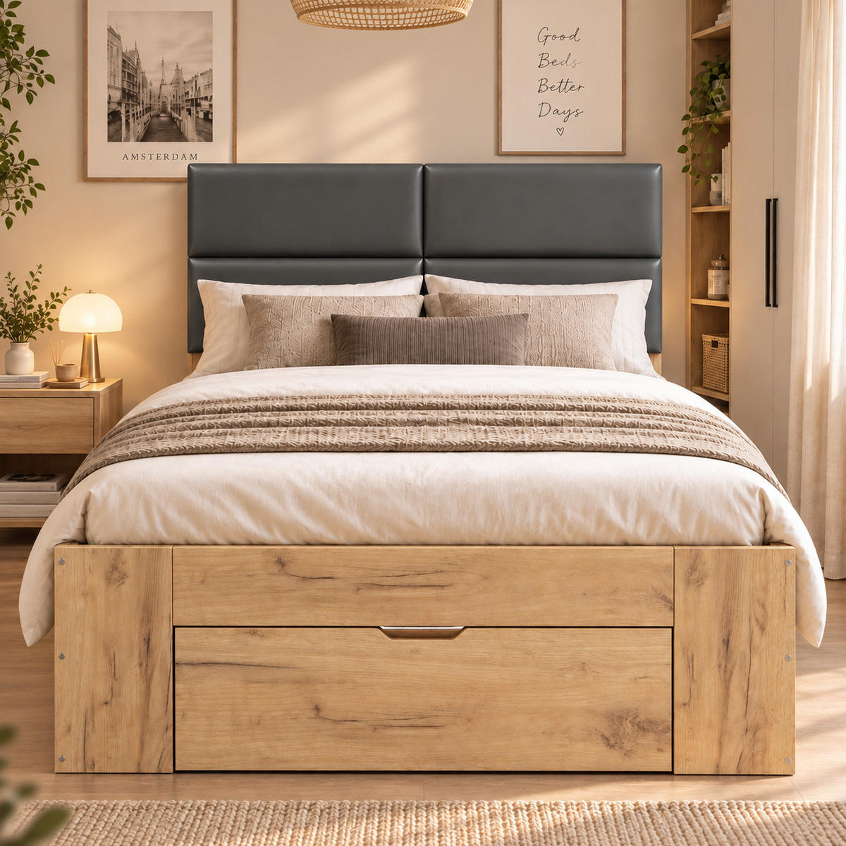 STAURAUMBETT 90/200 cm mit 2 Schubladen, DE-41824, in Naturfarbe - Naturfarben, Holzwerkstoff (90/200cm) - ComfortXL