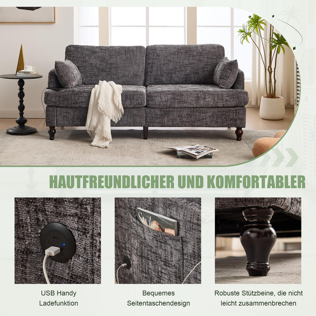 2-SITZER Sofa Chenille mit LED und USB-Anschluss 175/83/78 cm Grau - Grau, Textil (175/78/83cm) - Redom