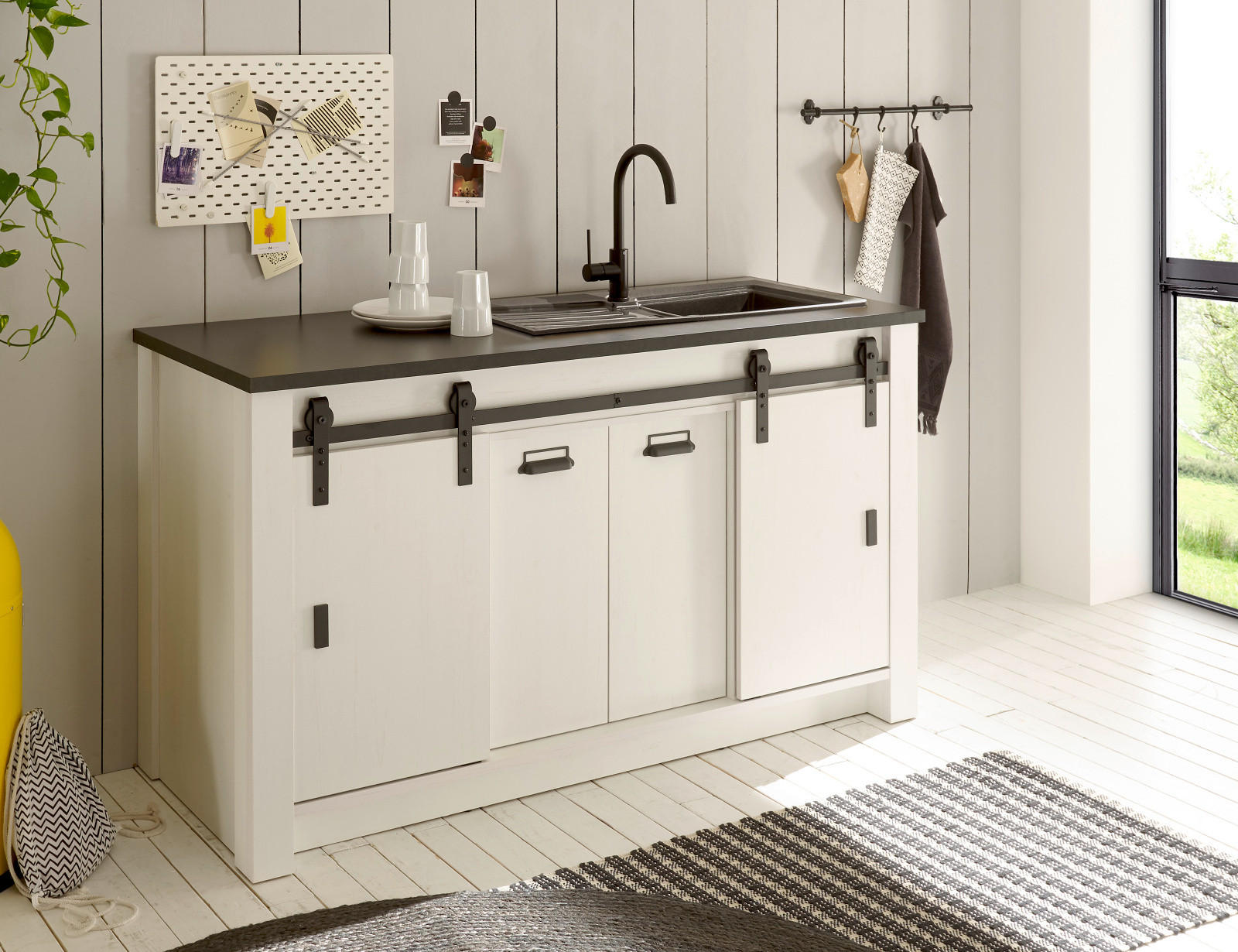 KÜCHENSCHRANK weiß Pinie, anthrazit Landhaus 161 cm, Küche Unterschrank für Spüle oder Kochfeld - Anthrazit/Schwarz, Holzwerkstoff/Metall (161/93/64cm) - Furn.Design