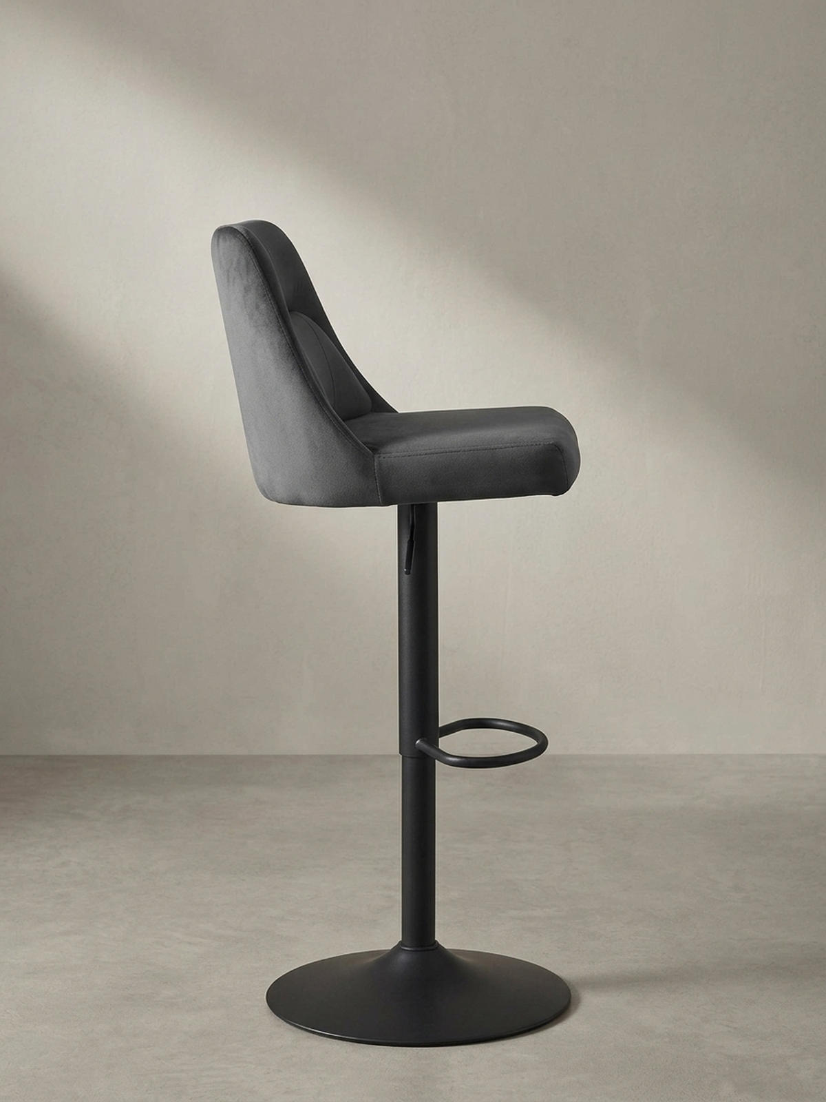 BARHOCKER Samt Lehne Höhenverstellbar Trompetenfuß Gepolstert, Grau 45x51x106 cm - Schwarz/Grau, Textil/Metall (45/106/51cm) - KADIMA DESIGN
