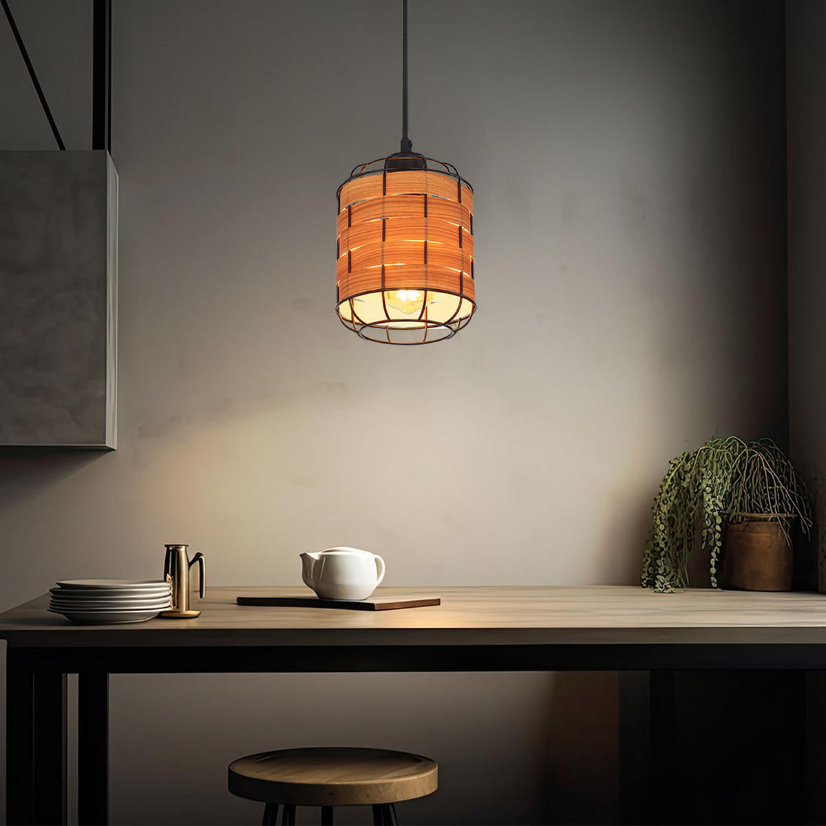 HÄNGELEUCHTE Holzoptik Braun 3er Set - Braun, Metall (15/15/200cm) - Globo Lighting