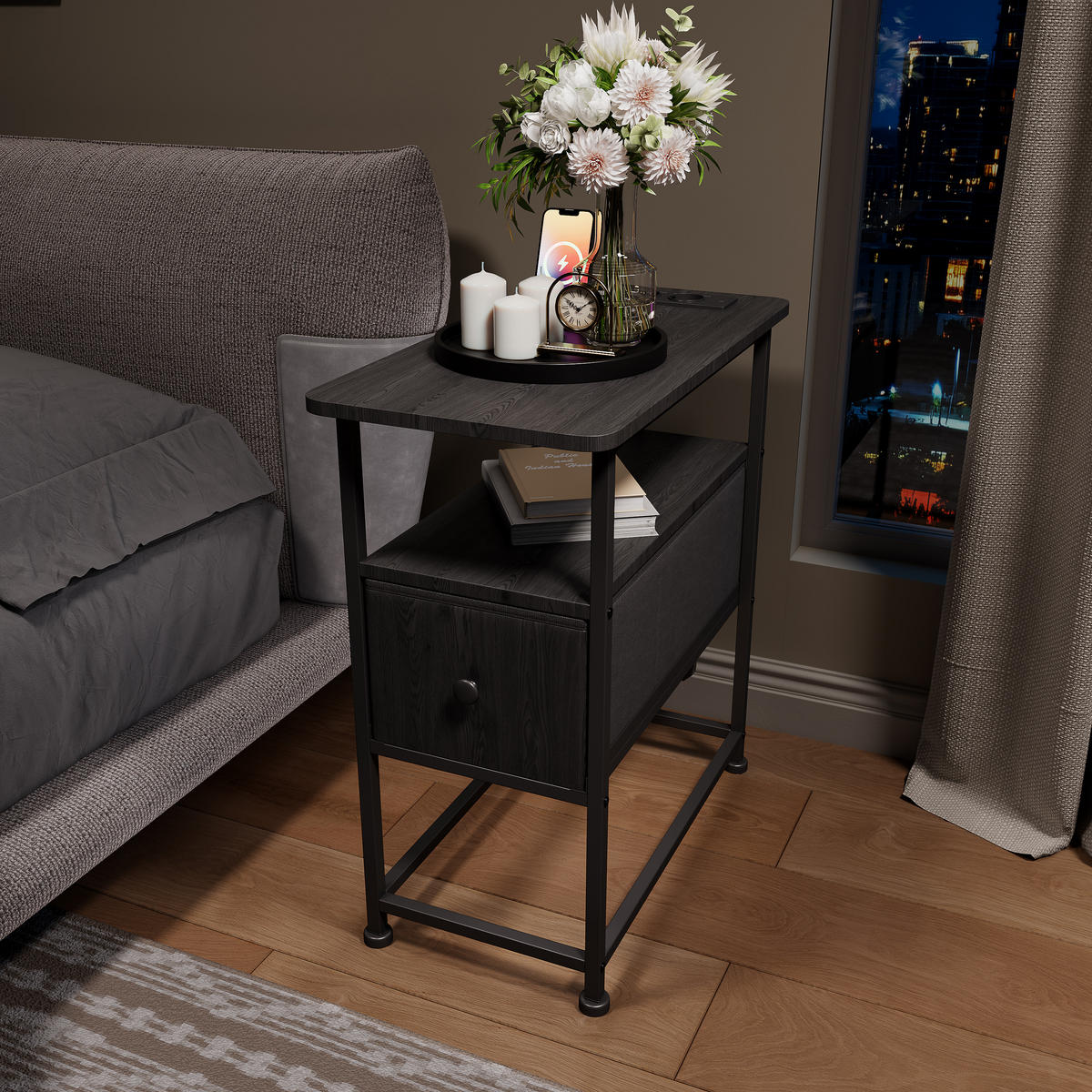 NACHTTISCH LED USB Schublade offene Fächer schwarz - Schwarz, Holz (60/62/30cm) - LEBENLANG