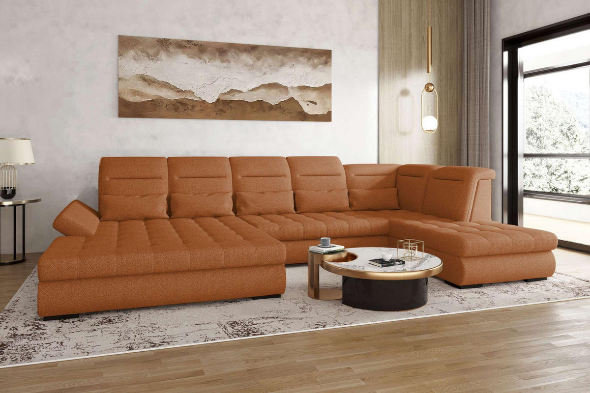 WOHNLANDSCHAFT Toscana Strukturstoff inkl. Schlaffunktion - Rostfarben, Textil (208/87/358cm) - 99rooms