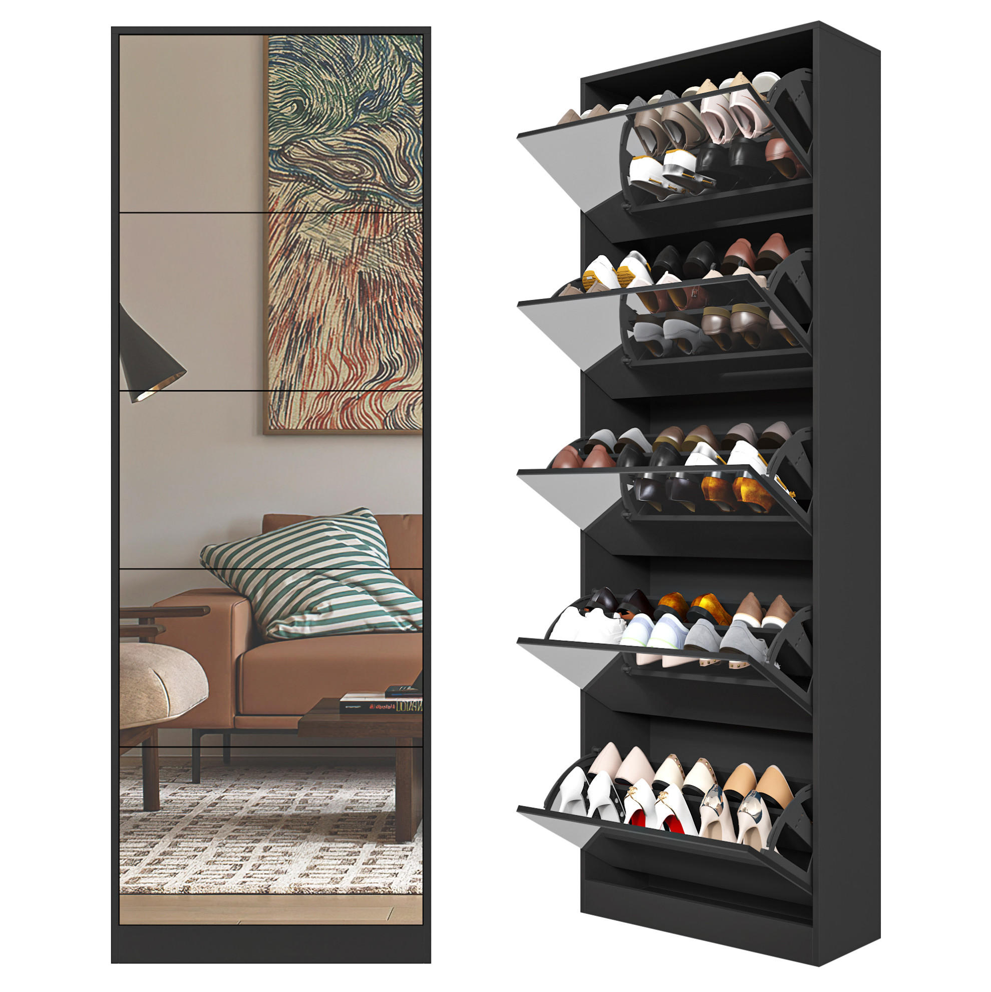 SCHUHSCHRANK 63/24/185 cm schwarz aus MDF mit Spiegel und 5 Klappen - Schwarz, Holzwerkstoff (63/185/24cm) - OKWISH