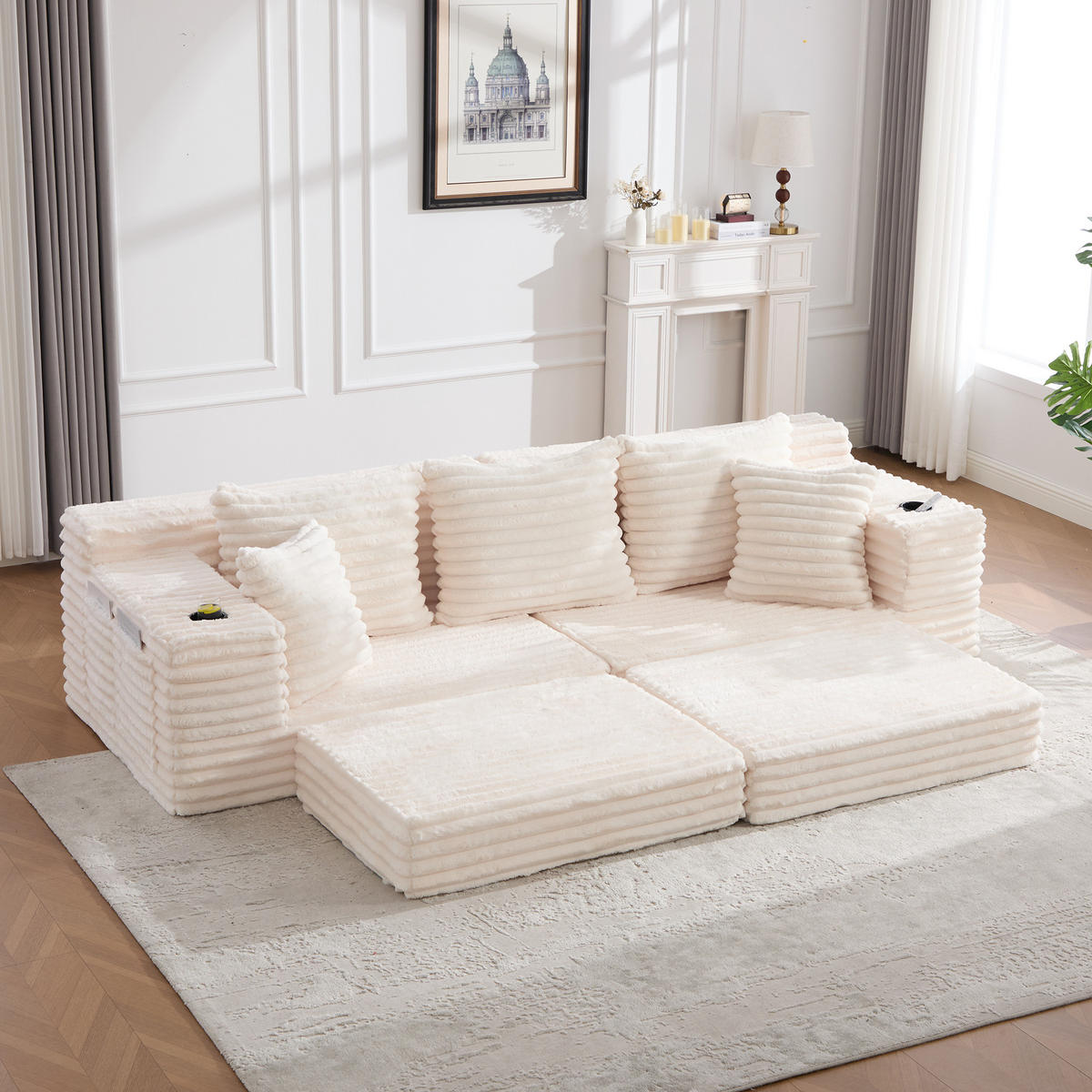 SCHLAFSOFA 273/98/87 cm Beige mit beidseitigen Taschen und Getränkehaltern - Beige, Textil (107.48/34.25/38.58cm) - Oxeza
