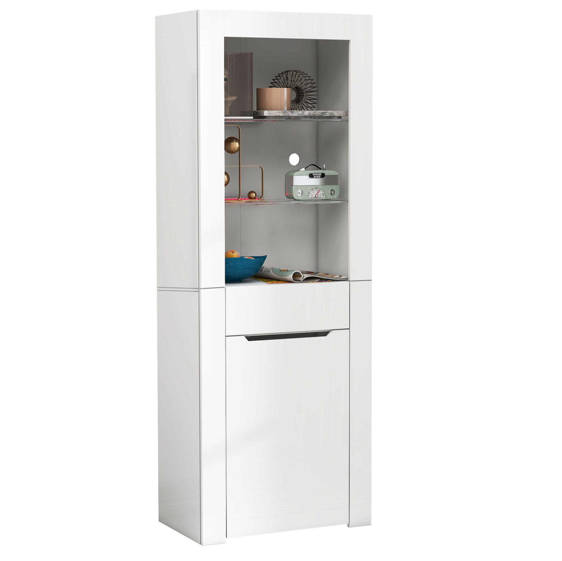 VITRINE 60/35,5/165 cm mit App-LED-Beleuchtung, 1 Schublade und 2 Regalen aus Spanplatte, Weiß - Weiß, Holzwerkstoff (60/165/35.5cm) - Redom