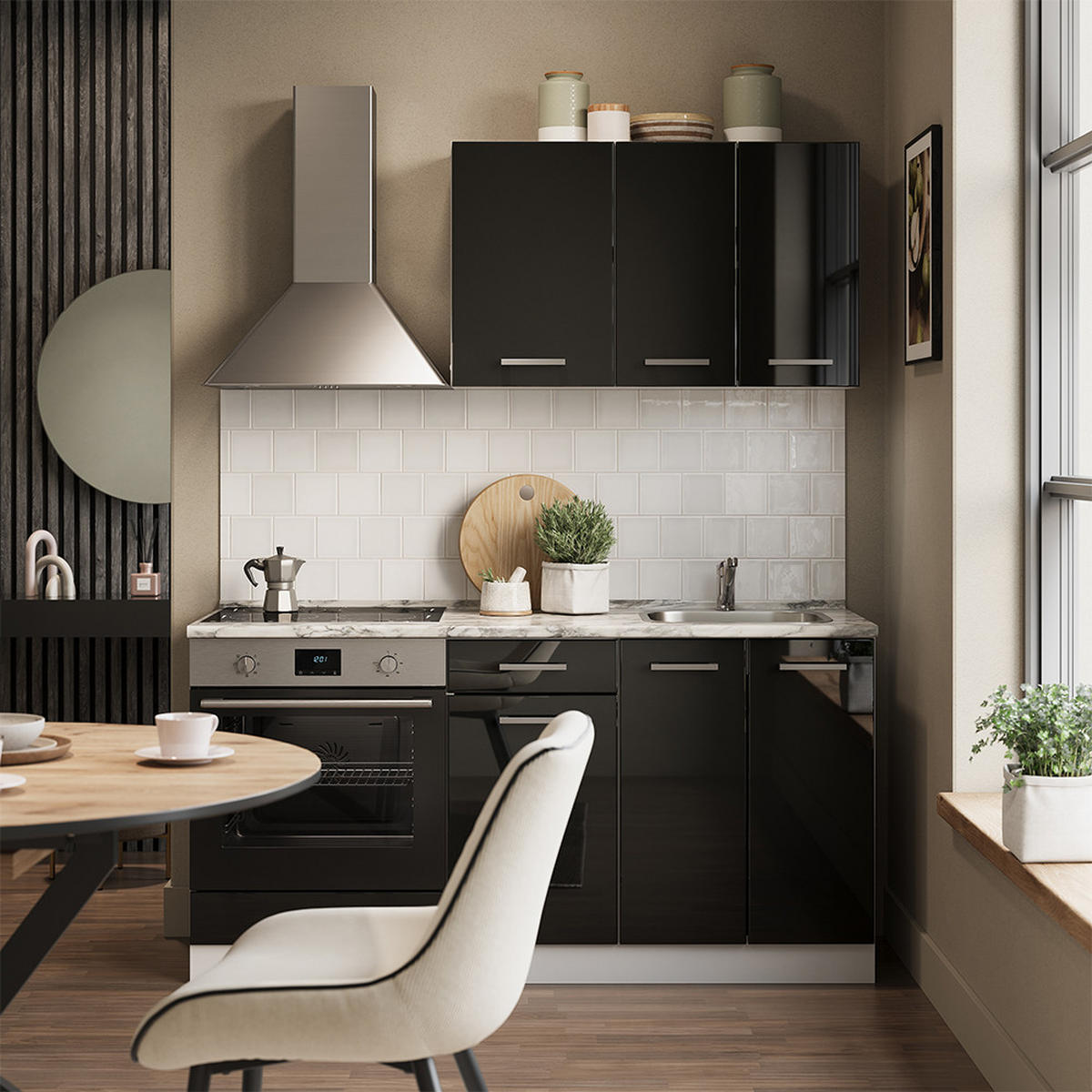SINGLEKÜCHE R-Line Schwarz Hochglanz/Weiß 160 cm mit Herdumbauschrank und Spüle mit AP - Schwarz Hochglanz/Schwarz, Holzwerkstoff (160/81.6/46cm) - Vicco