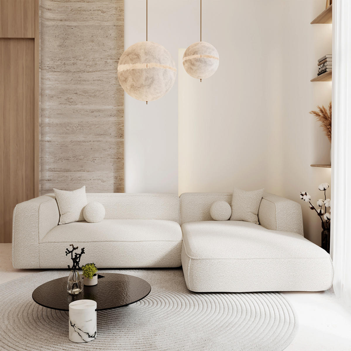 ECKSOFA rechtwinklig SOFIA Frottee Creme 255cm - Creme, Textil (255/166cm) - Premium Interiors