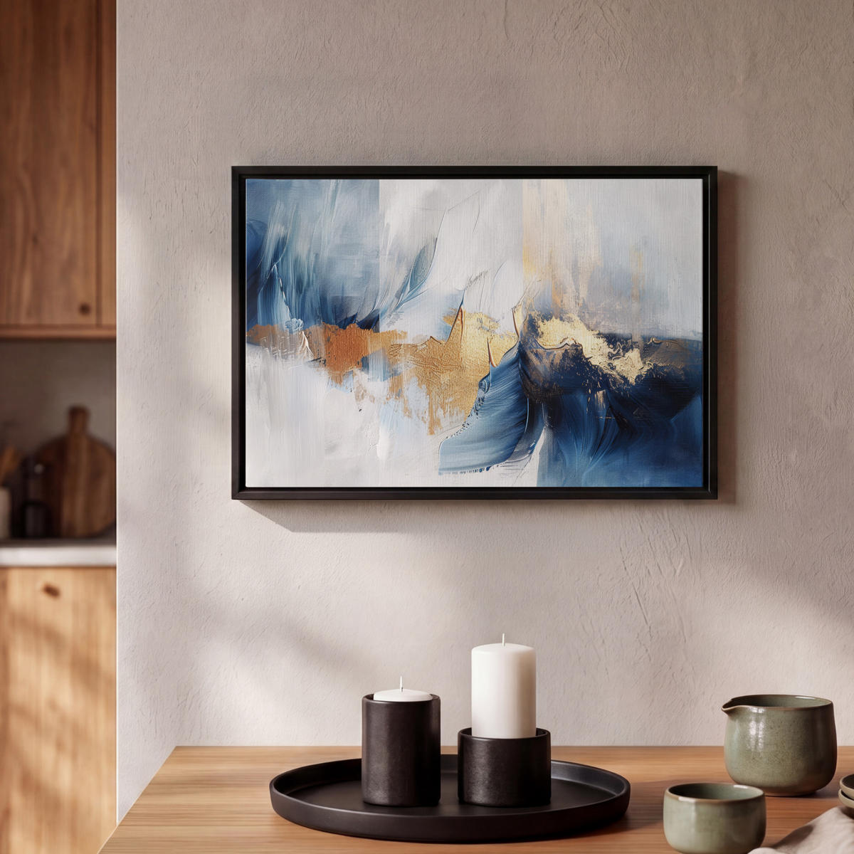 LEINWAND Bilder mit Rahmen - Gold - Blau - Aquarell - Kunst - Modern - 30x20 - Hellblau, Textil (30/20cm) - MuchoWow