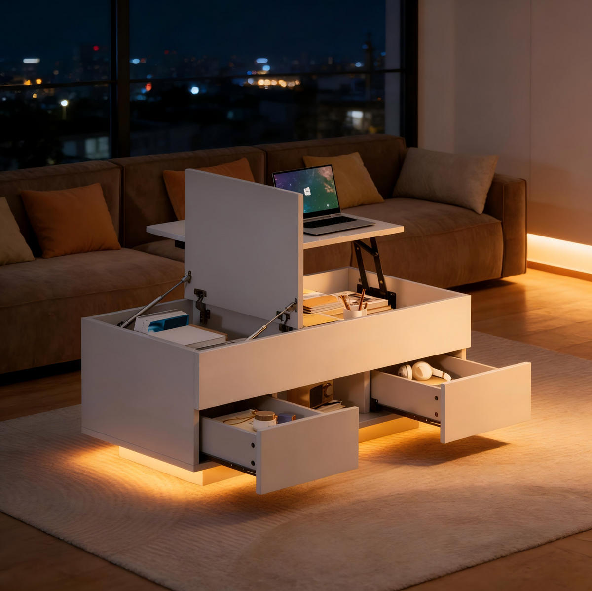 COUCHTISCH 100/45/43 cm Weiß aus Holzwerkstoff mit höhenverstellbarer Klappplatte LED und 2 Schubladen - Weiß, Holzwerkstoff (100/45/43cm) - OKWISH