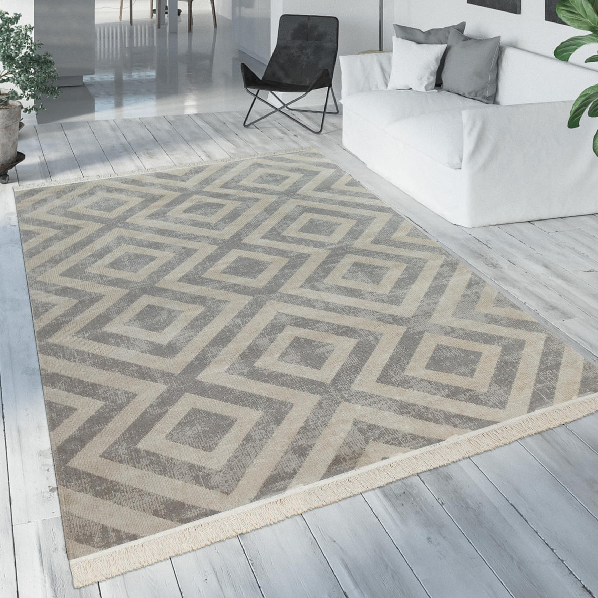 TEPPICH Kurzflor Rauten Wohnzimmer schmutzabweisend Grau Rechteckig 60x100 - Grau, Textil (60/100cm) - KADIMA DESIGN