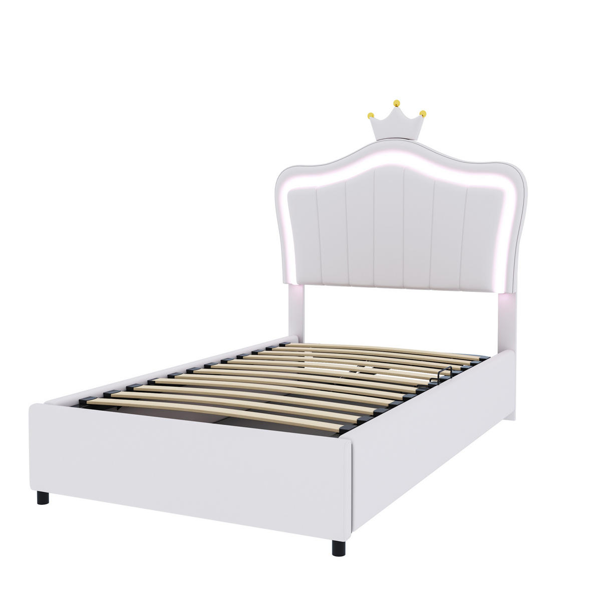POLSTERBETT 90/200 cm mit Bettkasten und LED-Beleuchtung, Kunstleder Weiß - Weiß, Holzwerkstoff (90/200cm) - BEAOK