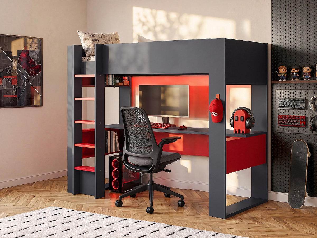 HOCHBETT - 1 Person - holz - anthrazitgrau, rot Noah - Weiß, Holz (90/200cm) - Vente-Unique