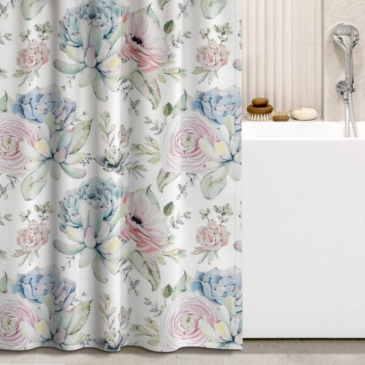 DUSCHVORHANG Aquarell Sukkulentenbouquet Muster 180/180 cm - Rosa, Textil (180/180cm) - Bilderwelten