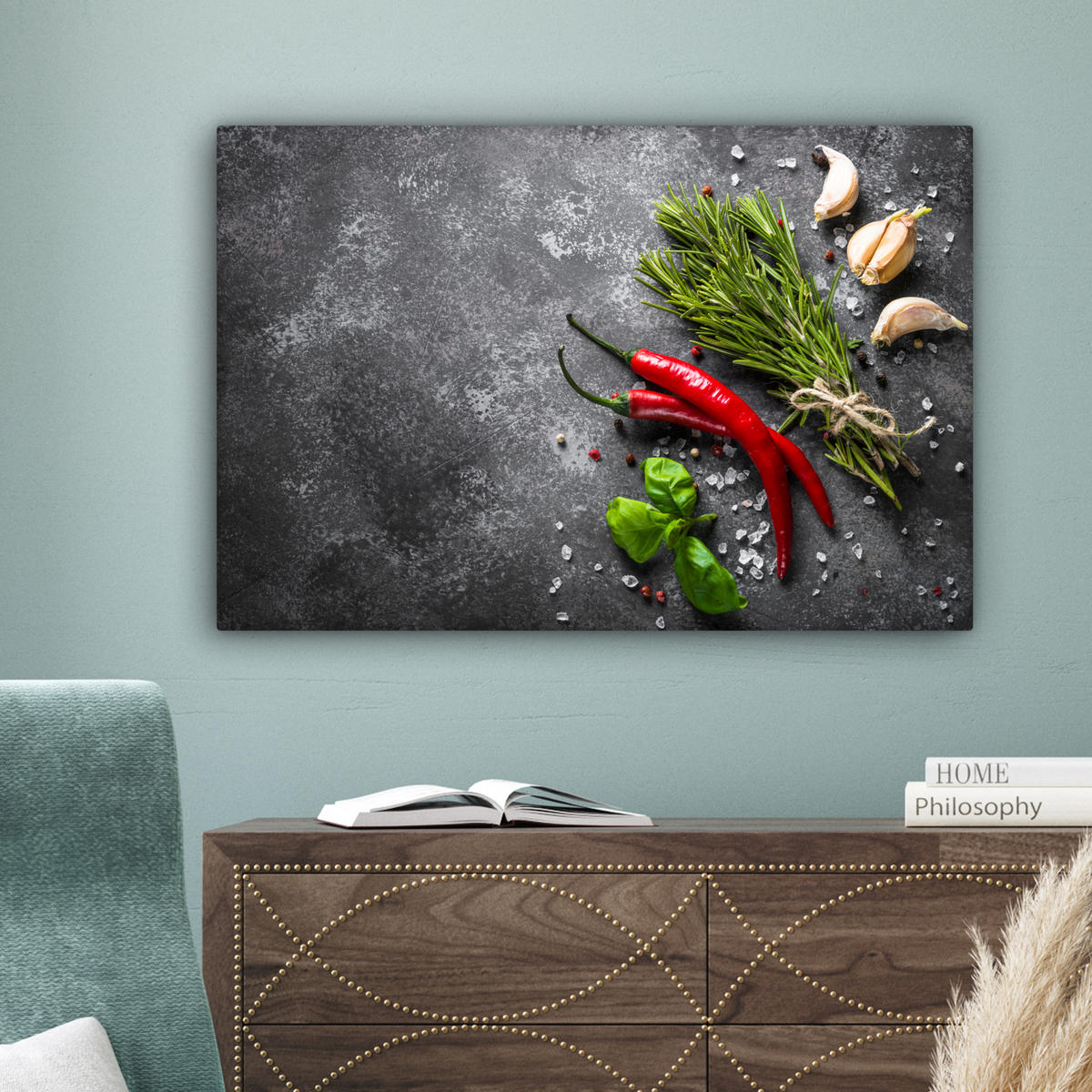 LEINWANDBILD Pfeffer - Kräuter - Gewürze - Beton - Küche 90x60 cm - Dunkelgrau, Textil (90/60cm) - MuchoWow
