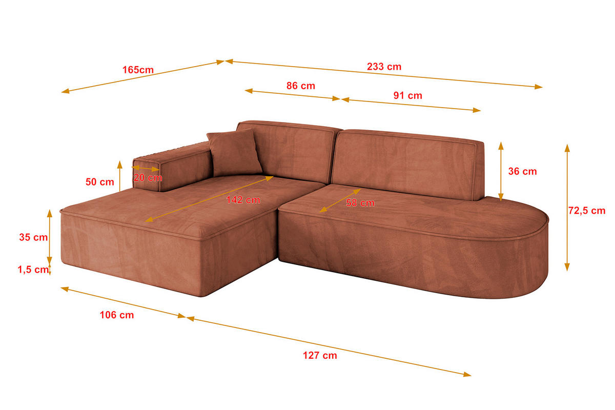 ECKSOFA Ottomane Links IREA-L1-v4 - 233x165x72,5 cm Apricot - Koralle, Holzwerkstoff/Textil (233/165cm) - ALTDECOR
