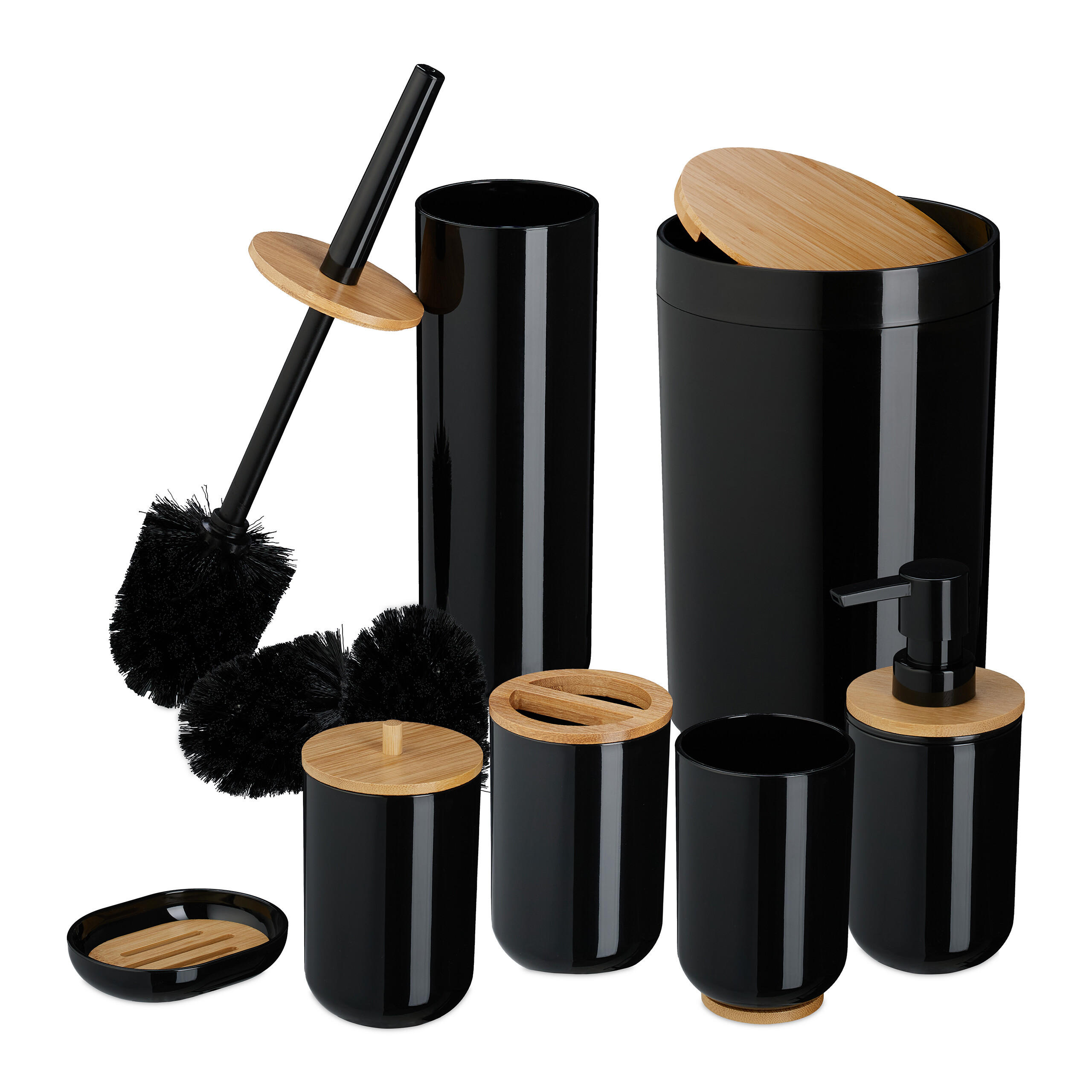 BADEZIMMER-SET 7-tlg. - Schwarz, Holz/Kunststoff (18/27/18cm) - Relaxdays