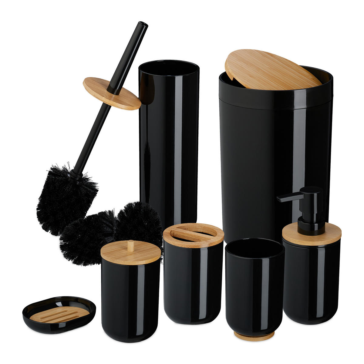 BADEZIMMER-SET 7-tlg. - Schwarz, Holz/Kunststoff (18/27/18cm) - Relaxdays