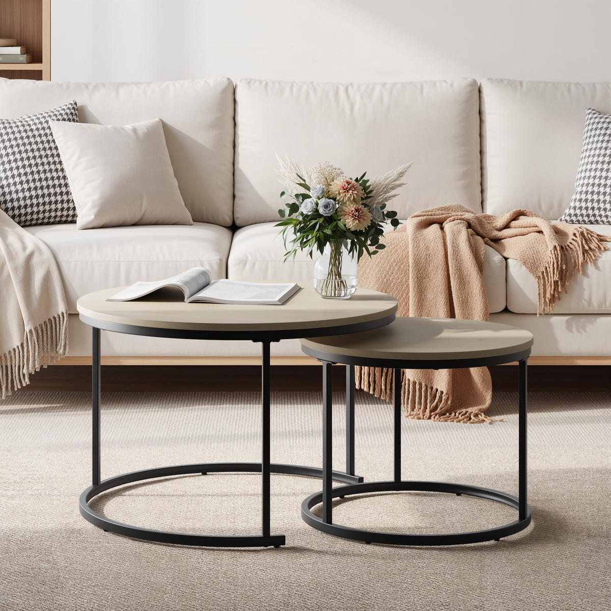 COUCHTISCH-SET 2-teilig rund mit Metallgestell, Eiche - Eichefarben, Metall (70/70/45cm)