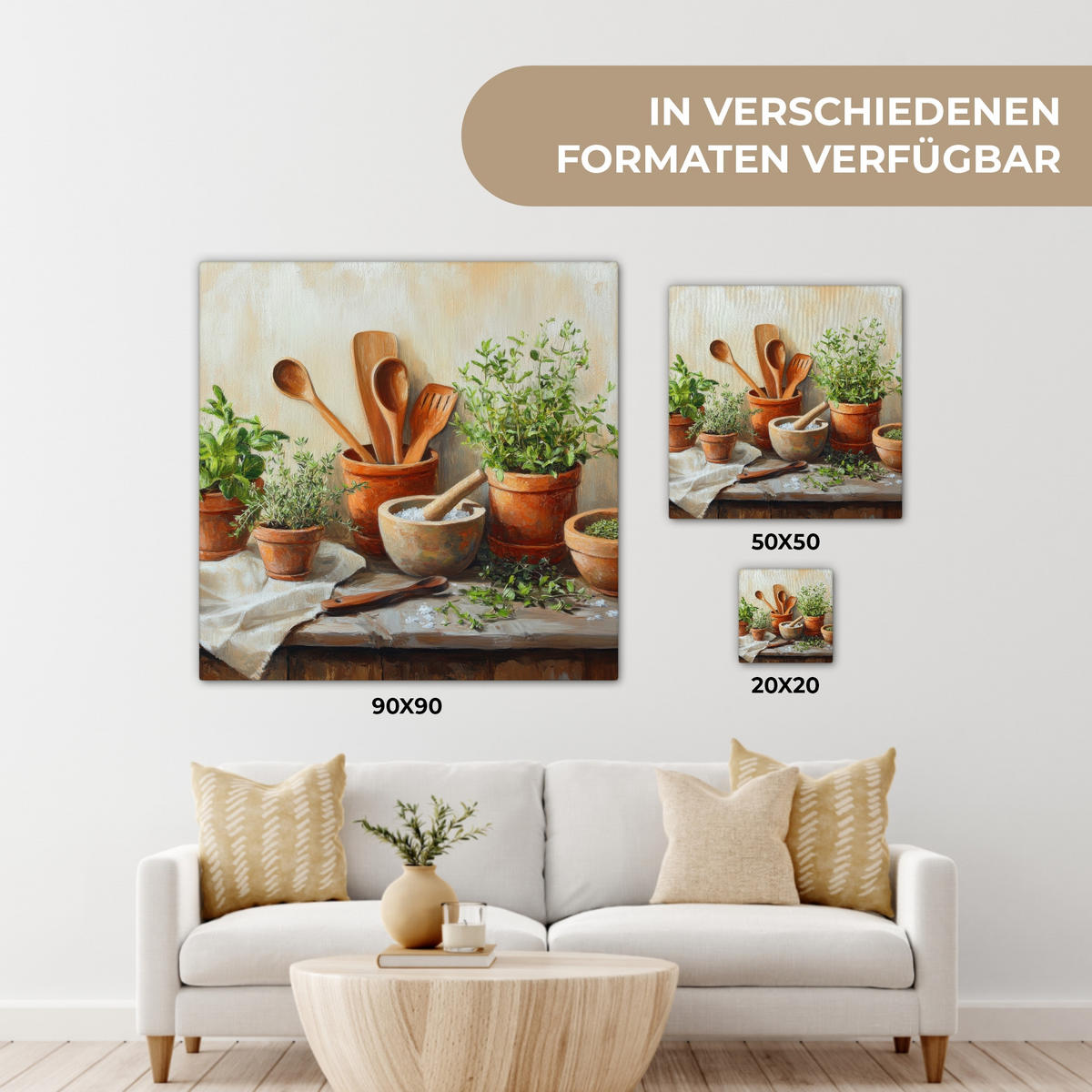 LEINWANDBILD Töpfe - Kräuter - Holz 90x90 cm - Terracotta, Textil (90/90cm) - MuchoWow