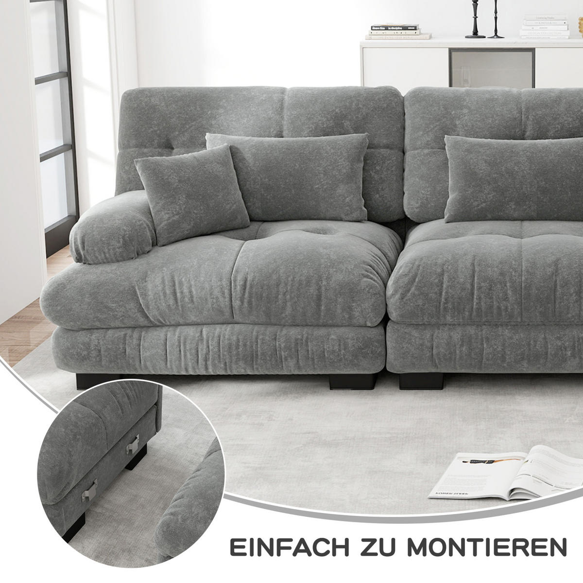 ECKSOFA modular mit beweglichen Ottomane, Cloud-Komfort und tiefem Sitz, Grau - Grau, Textil (313/145cm) - Redom