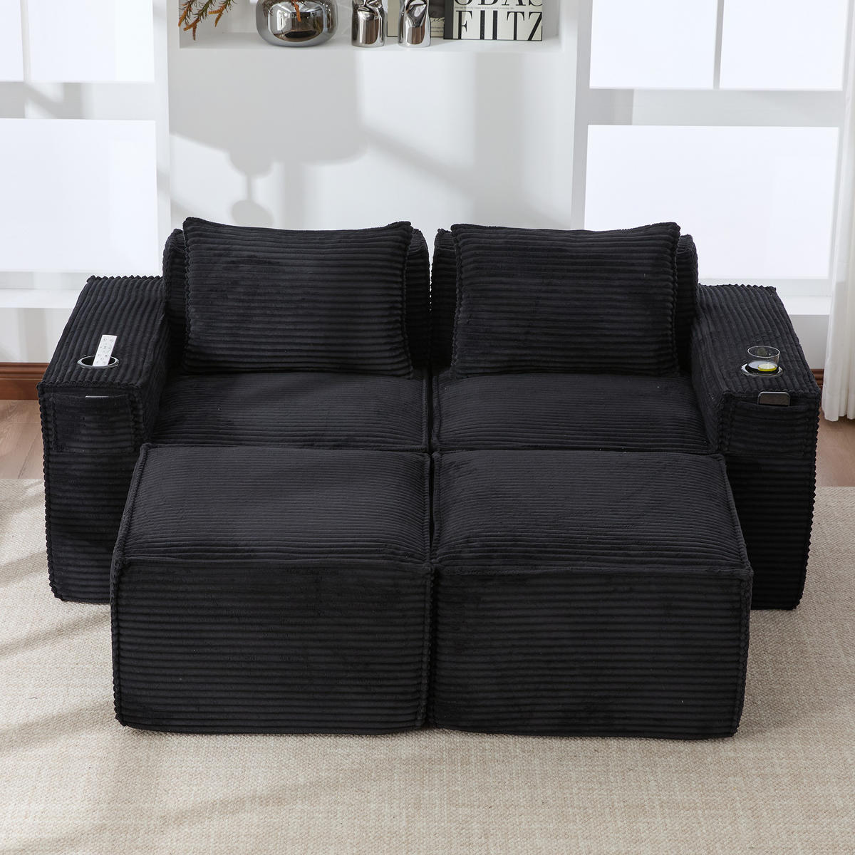 2-SITZER-SOFA DE-33836 mit 2 Hockern Schwarz - Schwarz, Textil (188/75/162cm) - ComfortXL
