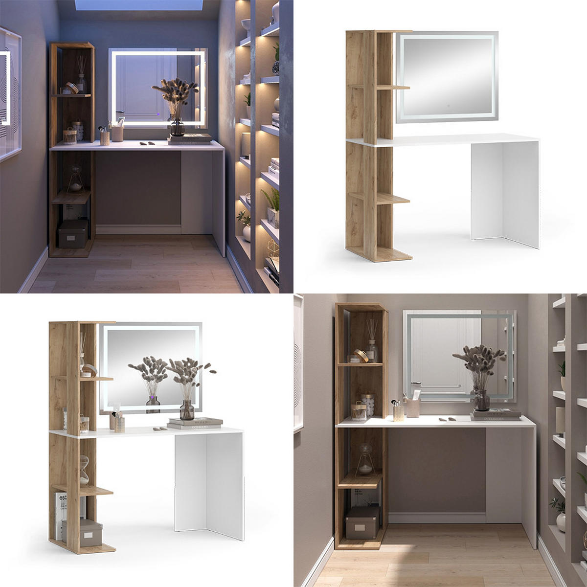 SCHMINKTISCH Tower Weiß/Sonoma 122.2 cm mit LED-Spiegel - Weiß/Sonoma Eiche, Holzwerkstoff (122.2/75.8/55.2cm) - Vicco