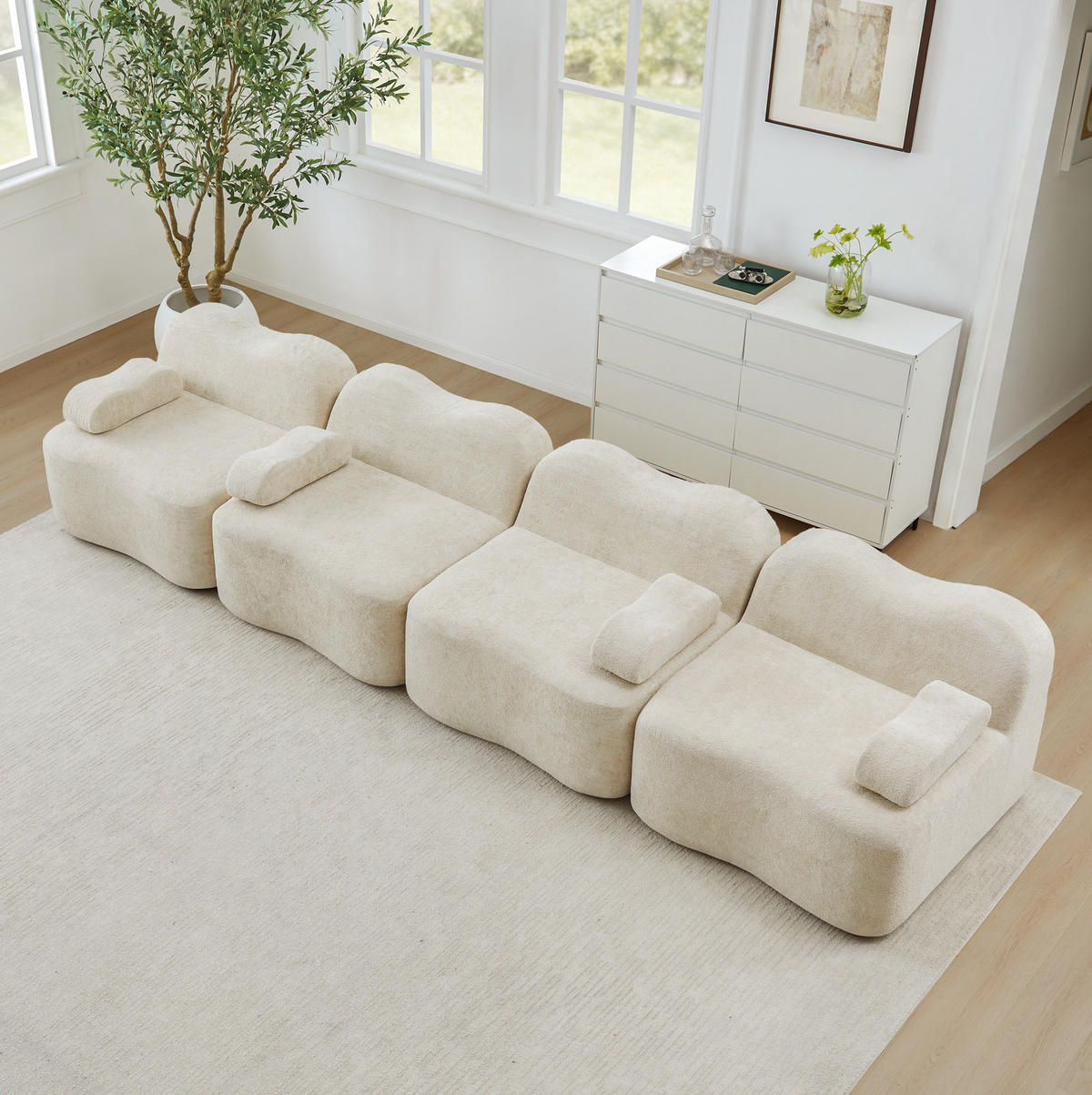 SOFA 384/98/70 cm in Beige aus Samt mit Wellenform - Beige, Textil (98/70/384cm) - Flora Grace