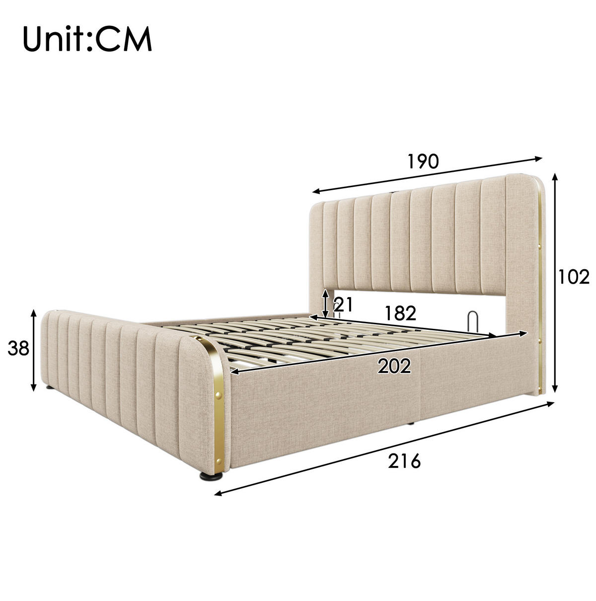 POLSTERBETT mit Bettkasten 180/200 cm in Beige mit USB-C und gepolstertem Kopfteil - Beige, Textil (180/200cm) - BEAOK