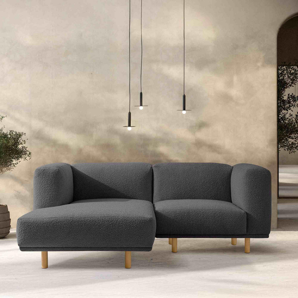 ECKSOFA-LINKS FOSERO, Bouclé - Dunkelgrau/Buchefarben, Holz/Holzwerkstoff (204/155cm) - KONSIMO®