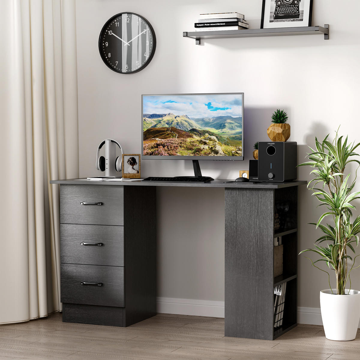 SCHREIBTISCH Schwarz mit 3 Schubladen und Regalfächern 120/49/72 cm - Schwarz, Holz (49/120/72cm) - PANGIVO