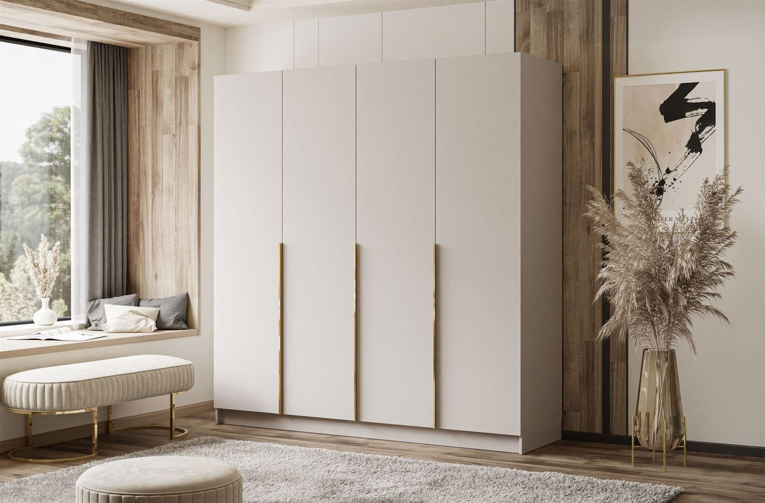 KLEIDERSCHRANK AUREL 4D in KASCHMIR mit goldenen Griffen - Kaschmir/Goldfarben, Holzwerkstoff (200/200/57cm) - Lookway