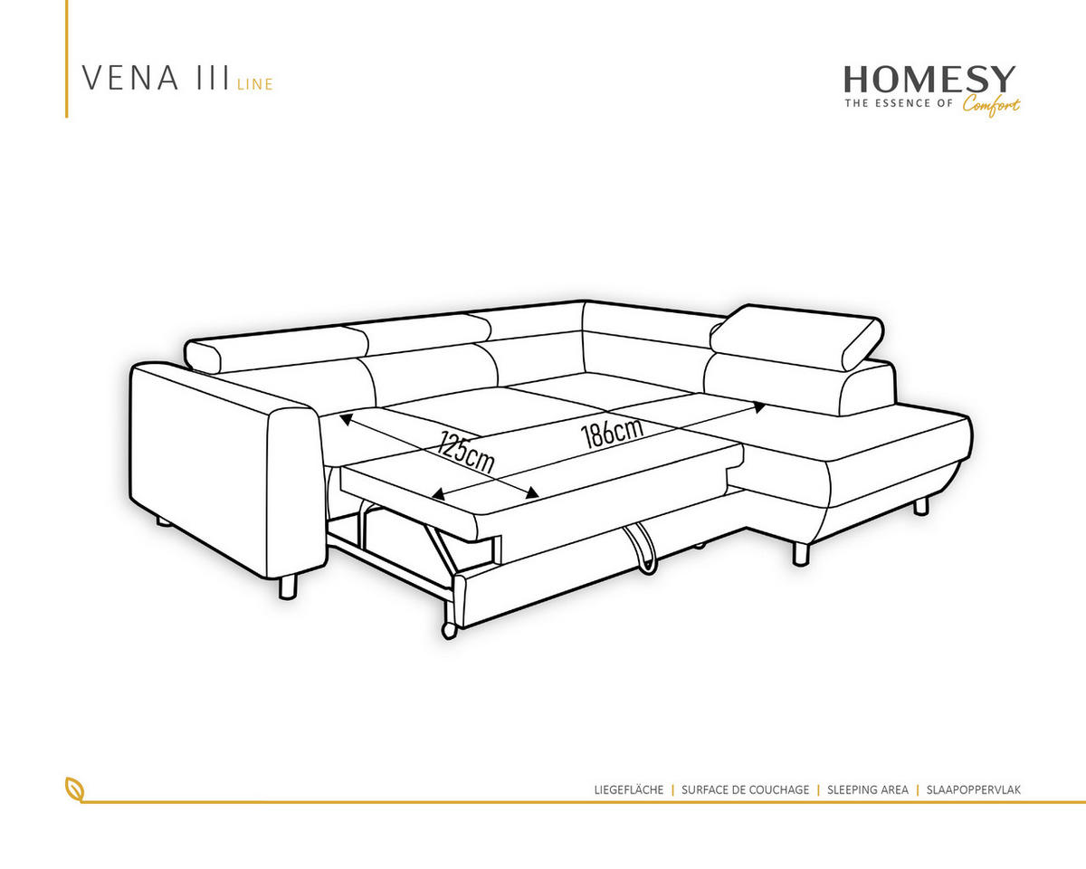 ECKSCHLAFSOFA Vena III mit Schlaffunktion und Bettkasten, Reechts montierbar, Graphite - Graphitfarben, Holz (254/199cm) - Homesy