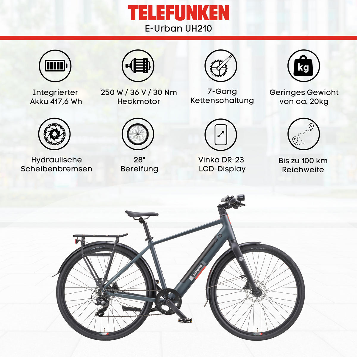 E-BIKE Urban UH210 Elektrofahrrad 28 Zoll Pedelec 417,6 Wh Hinterradmotor 7-Gang Kettenschaltung, leicht - Grau, Metall (111cm) - Telefunken