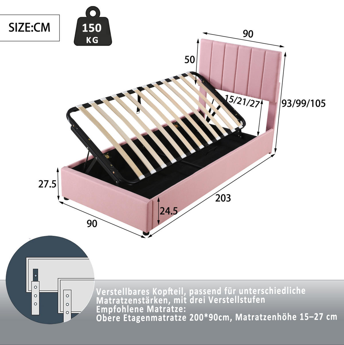 KINDERBETT Polsterbett 90/200 cm aus Leinenstoff mit hydraulischem Stauraum Rosa - Pink, Textil (90/200cm) - Modenvie