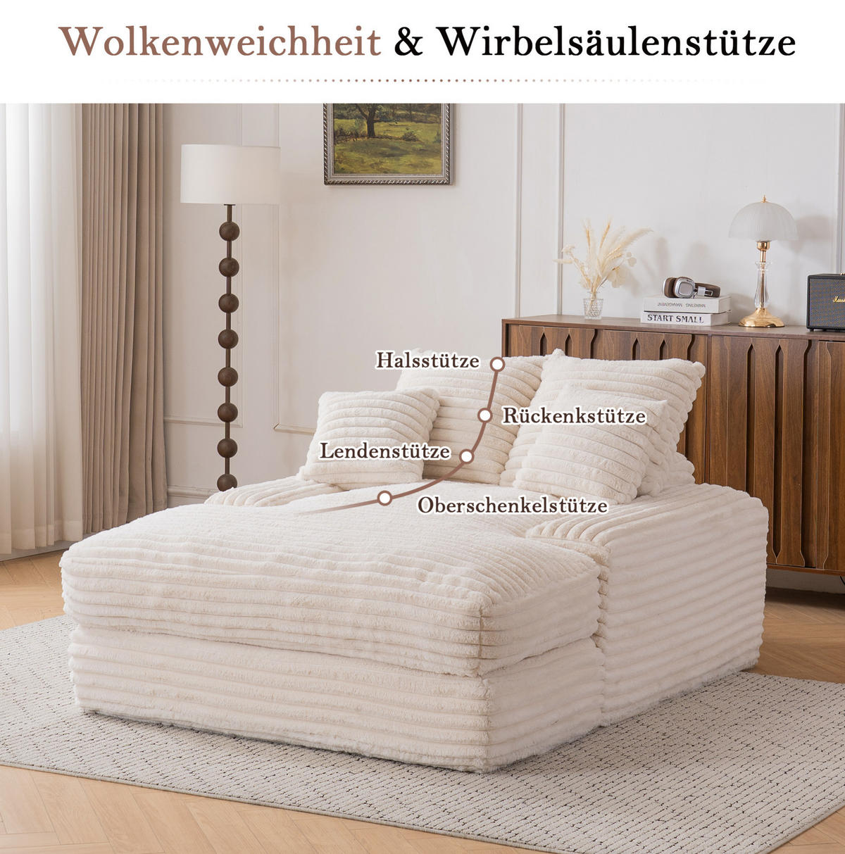 RELAXLIEGE Cord 135x165 cm Beige mit 4 Kissen - Beige, Kunststoff (135/58/165cm) - Beauniv