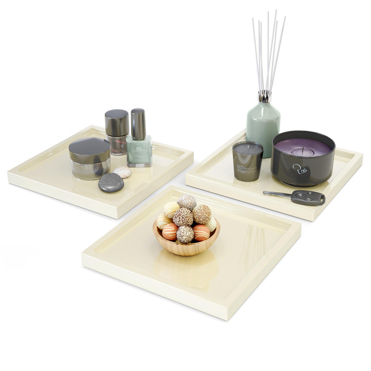 DEKOSCHALE Maya Creme Hochglanz 3er Set - Creme, Holzwerkstoff (1.8cm) - Vladon