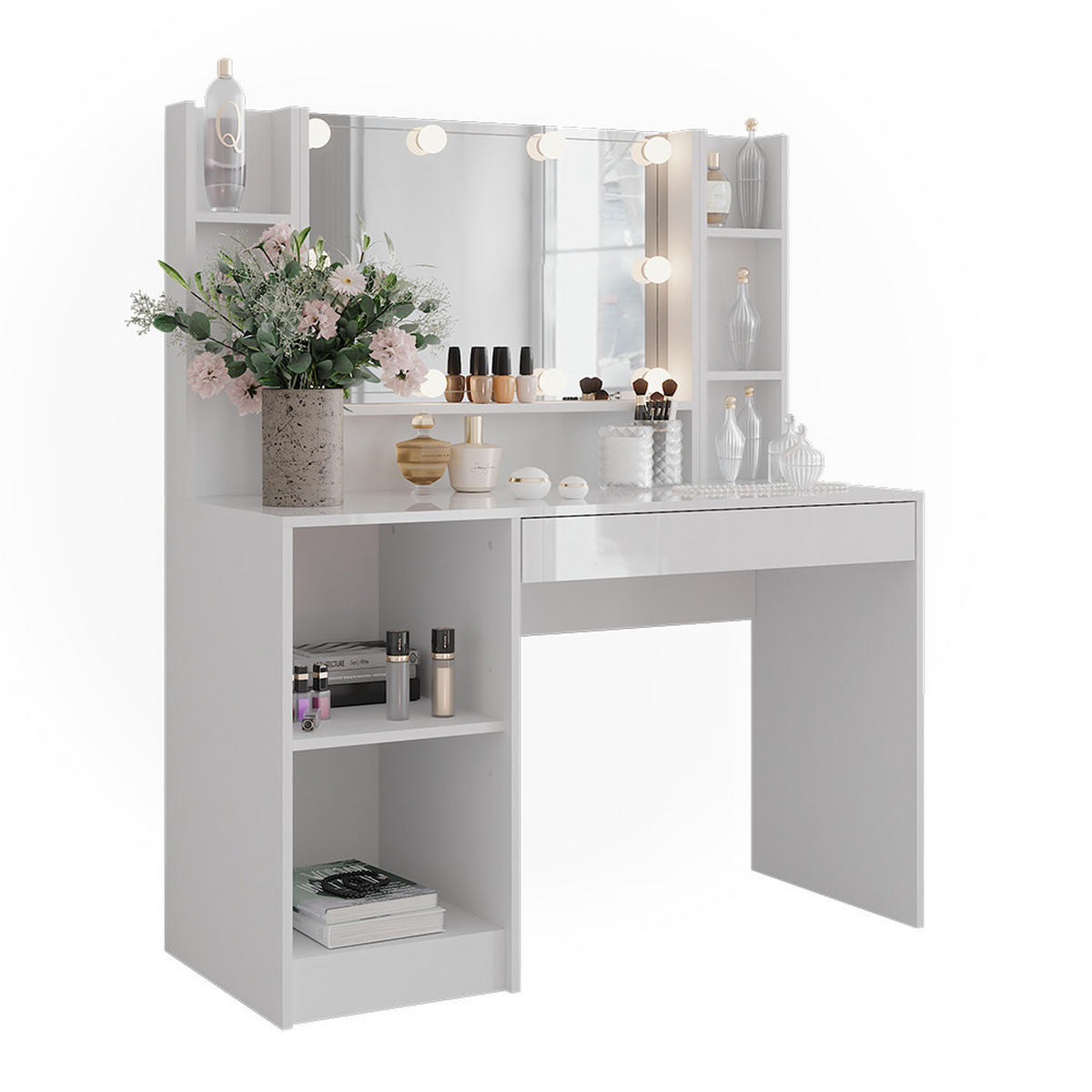 SCHMINKTISCH Sherry Weiß/Weiß Hochglanz 119.8 cm 4 Teile - Weiß Hochglanz, Holzwerkstoff (119.8/76/50.1cm) - Vicco