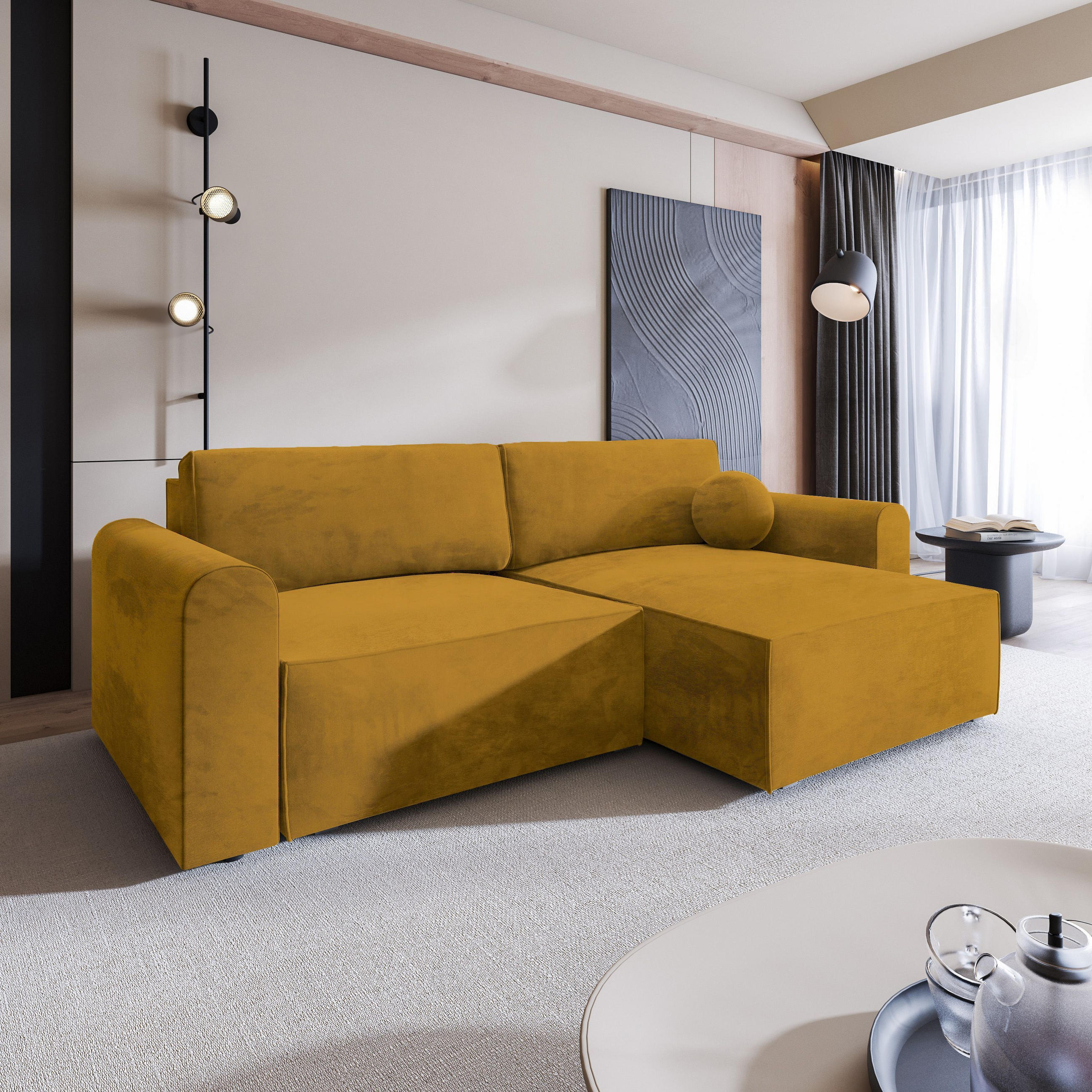 ECKSOFA FIANO M Gelb Velours-Stoff mit Schlaffunktion - Gelb, Holz (245/148cm) - MASSENO