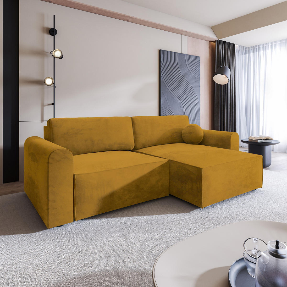 ECKSOFA FIANO M Gelb Velours-Stoff mit Schlaffunktion - Gelb, Holz (245/148cm) - MASSENO