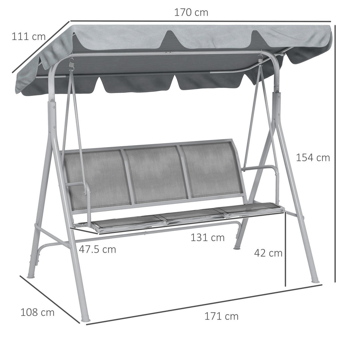 HOLLYWOODSCHAUKEL aus Metall 171x108x154cm in Grau mit verstellbarem Verdeck - Grau, Metall (108/154/171cm) - Modfu