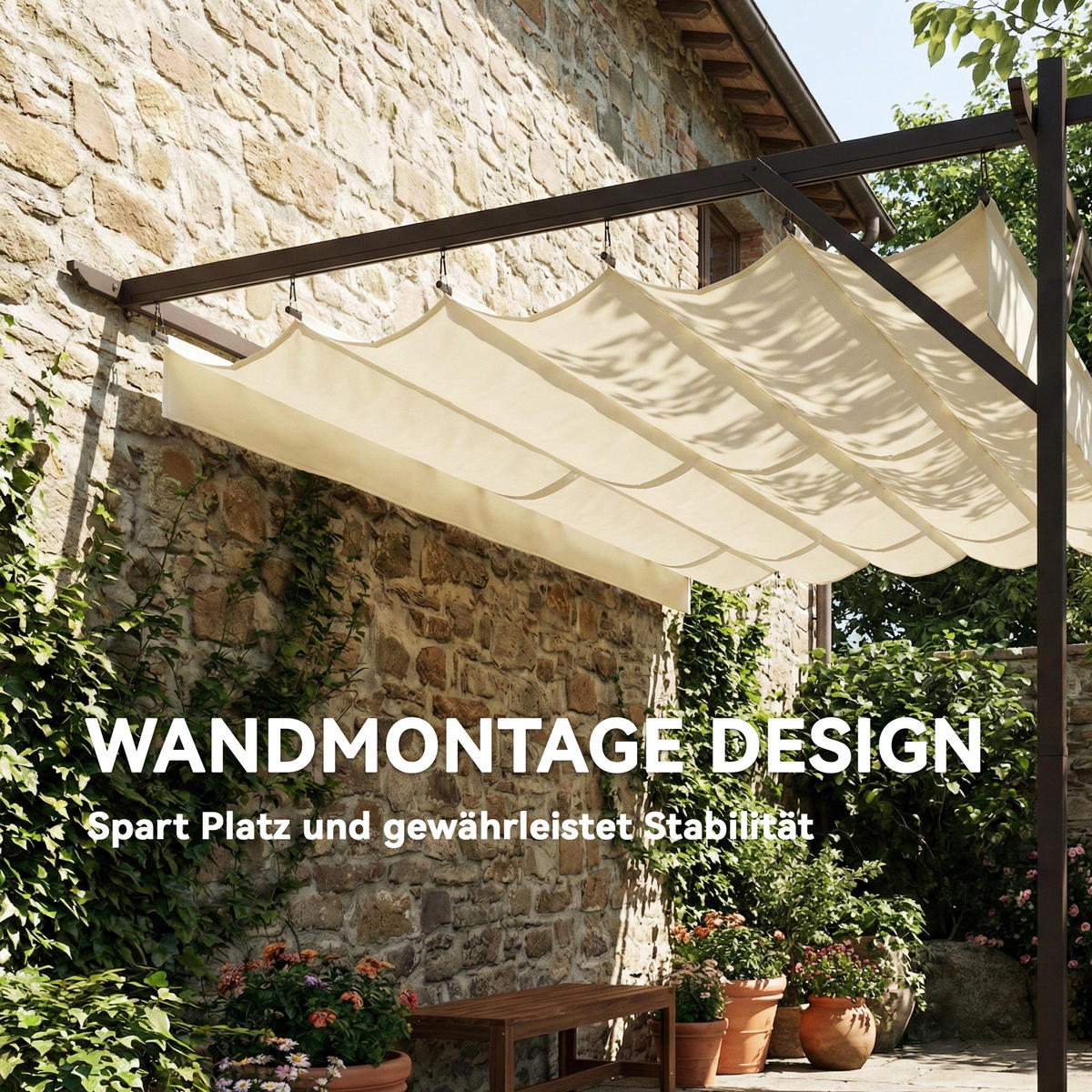 PERGOLA Stahl Polyester Cremeweiß - Creme/Braun, Textil/Metall (297/225/396cm) - Outsunny