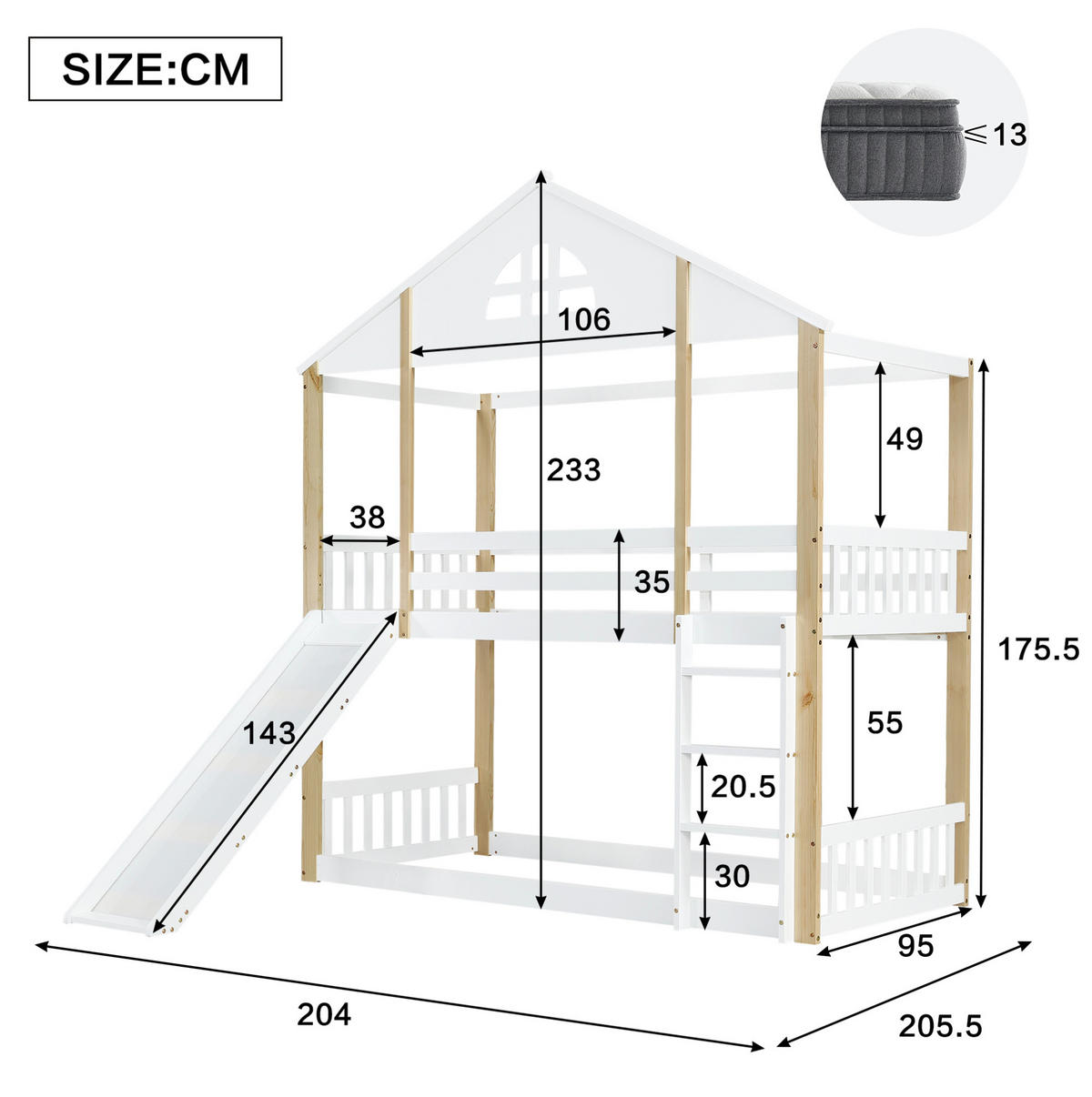 ETAGENBETT 90/200 cm mit Rutsche, Winkeltreppe, Fensterdesign und Hausrahmen aus Massivholz und MDF, Weiß/Natur - Weiß, Holz (90/200cm) - Redom