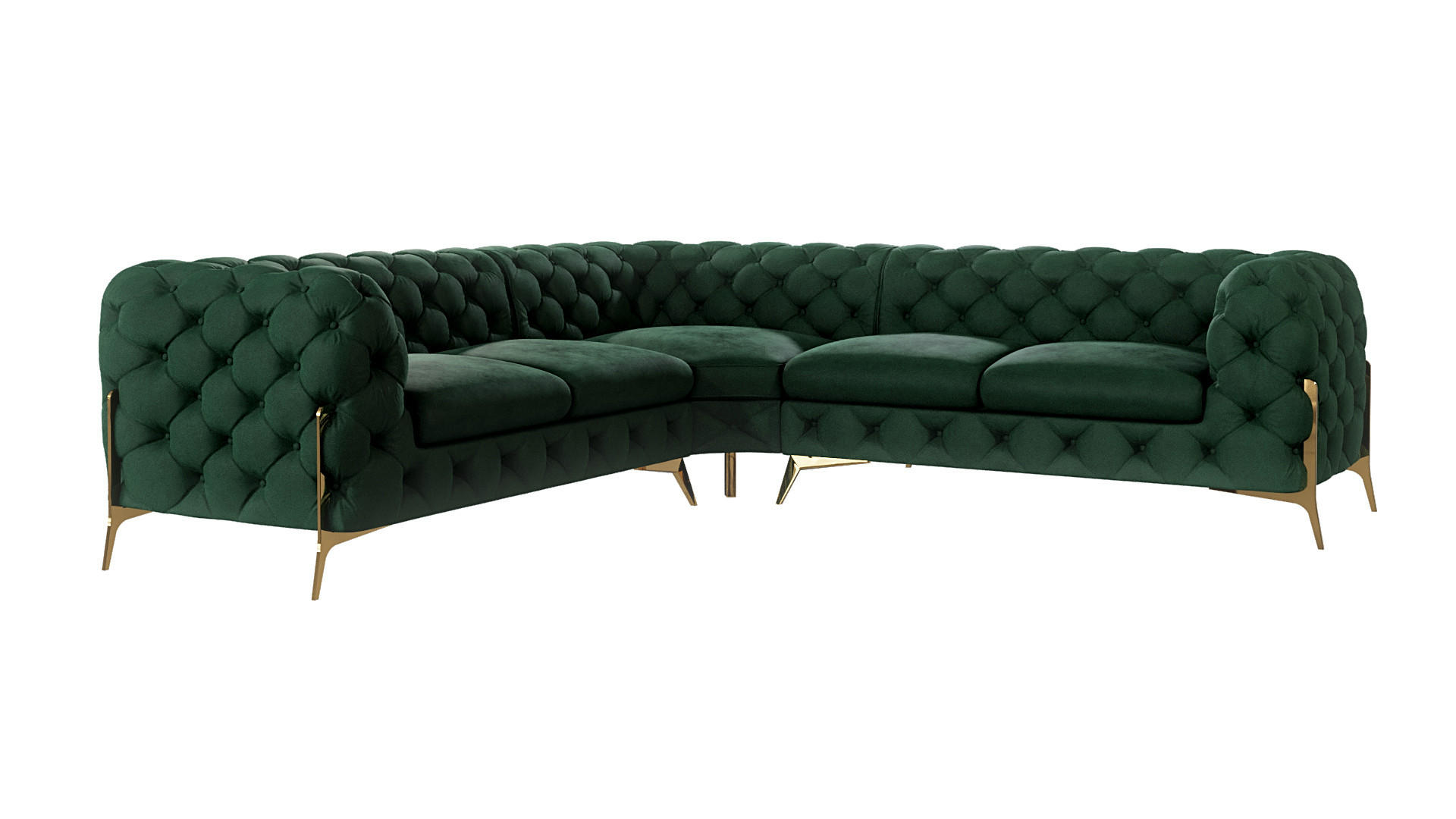 S-Style CHESTERFIELD ROHOVÁ SEDAČKA Lexi z lahvově zeleného sametu se zlatými nohami