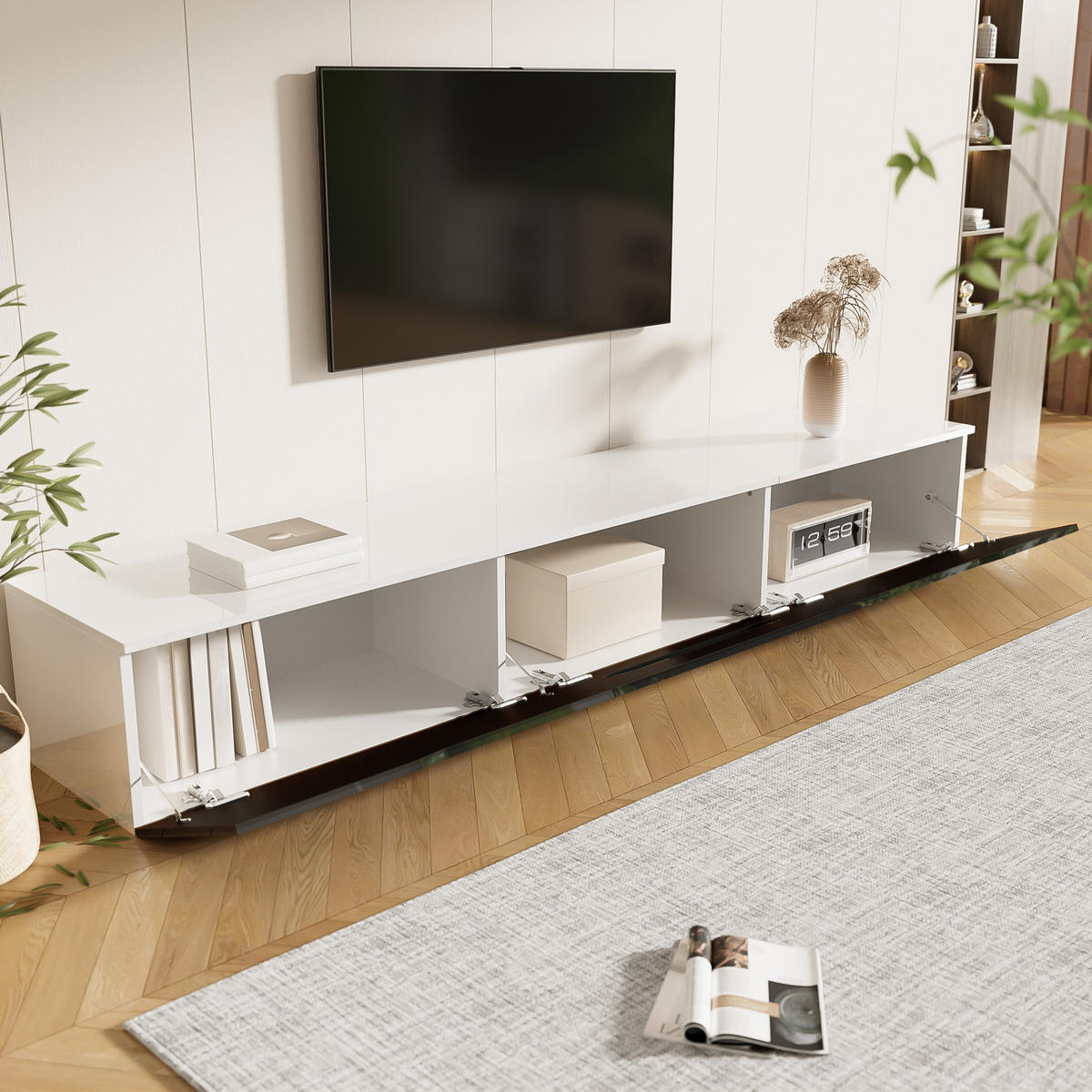 LOWBOARD mit 16-farbiger LED-Beleuchtung und Hochglanzoberfläche -Weiß 180 cm - Schwarz/Weiß, Holzwerkstoff (180/30/35cm) - EVRYAE