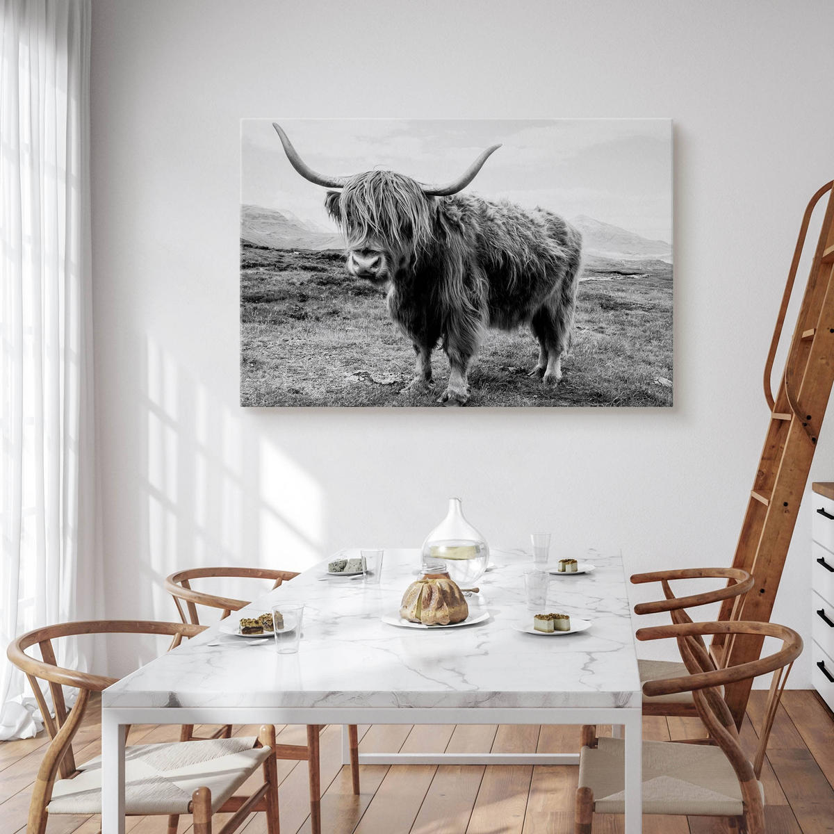 LEINWANDBILD Für Wohnzimmer Schottische Kuh Tier Natur 3D 100/70 cm - Schwarz/Weiß, Textil (100/70cm) - Muralo