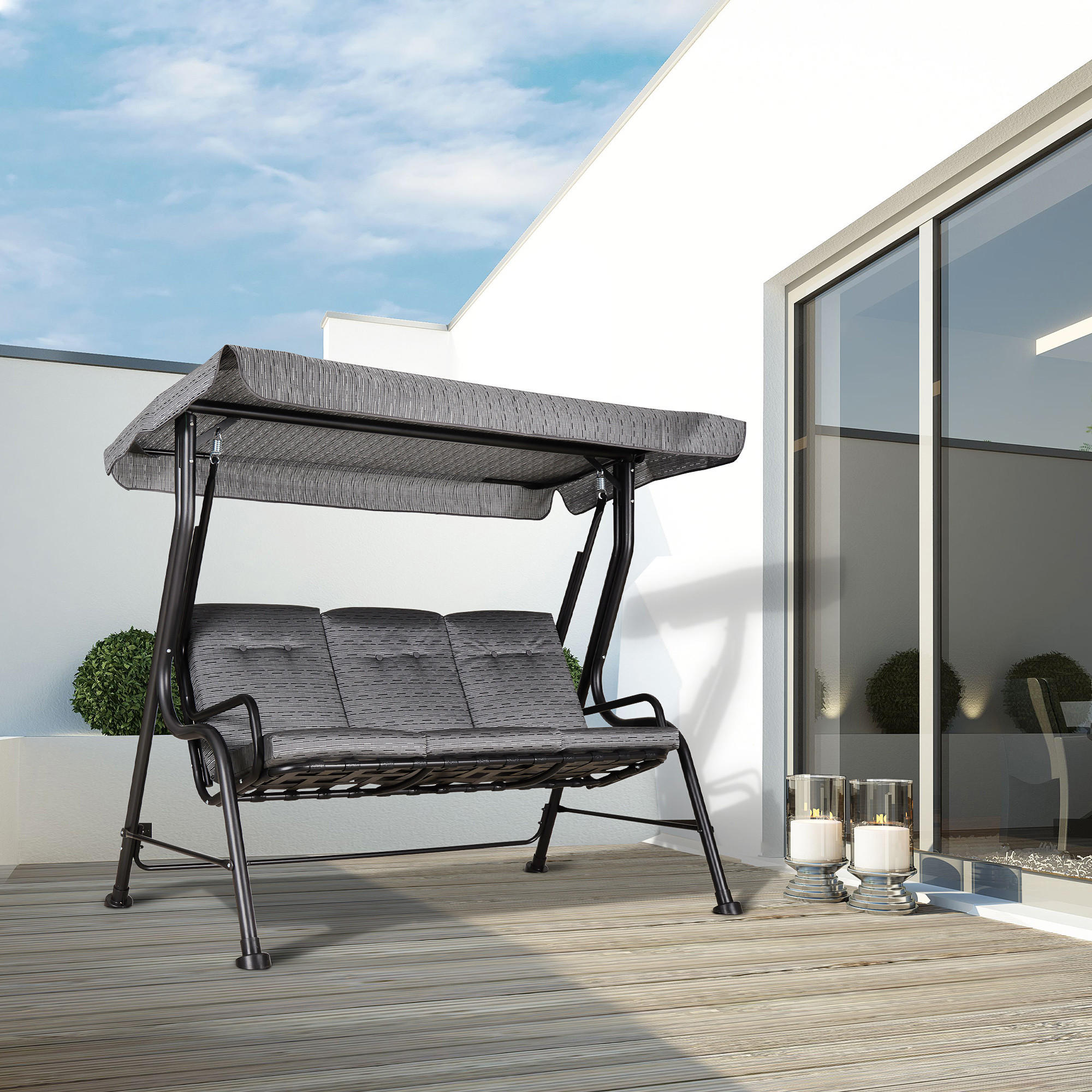 HOLLYWOODSCHAUKEL, Verstellbares Sonnendach, Texteline, Grau, 200 x 120 x 170 cm - Schwarz, Metall (120/170/200cm) - Outsunny
