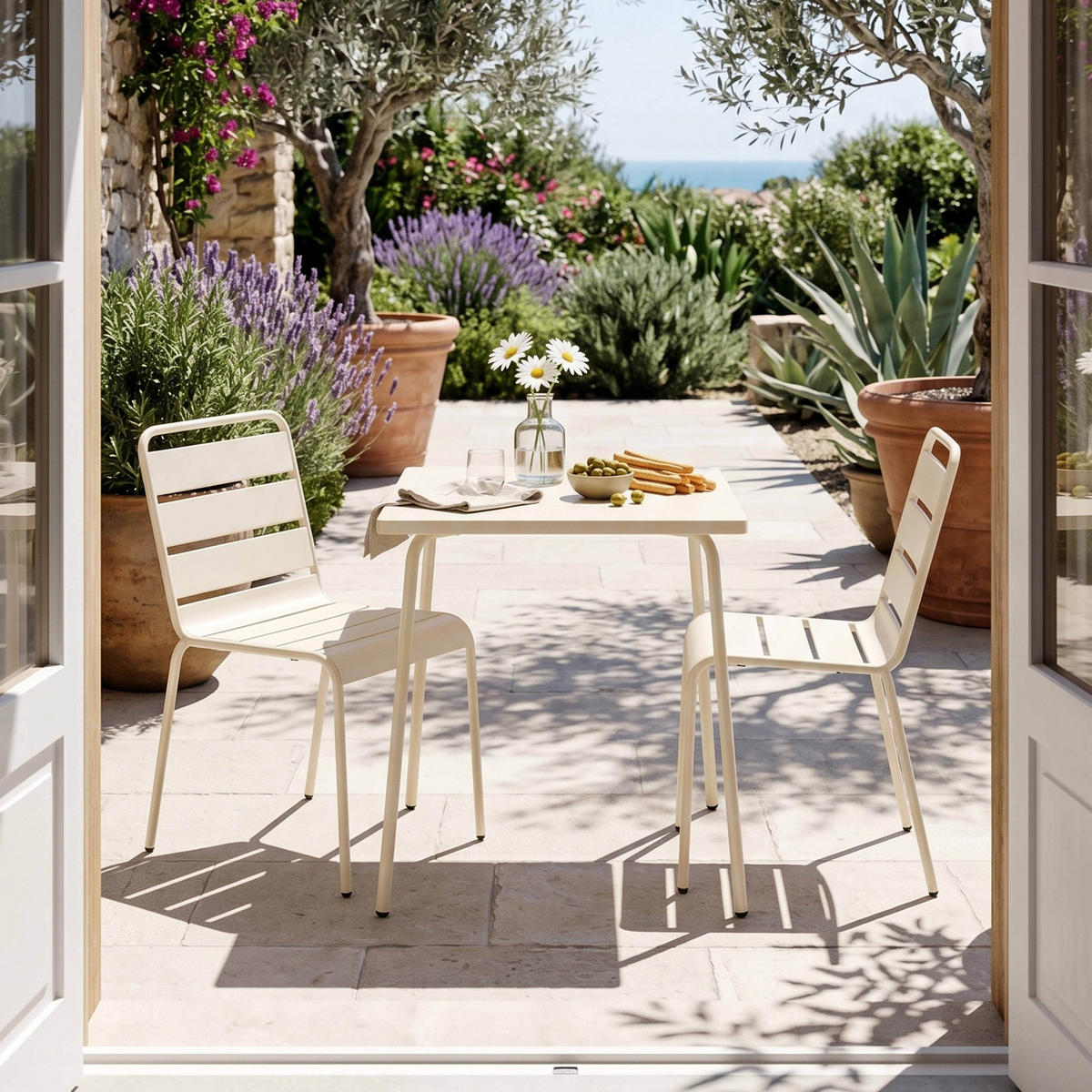 GARTENSET 3-tlg, Elfenbeinfarbe - Beige, Metall - Oviala